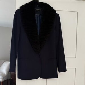 Elizabeth and James navy blazer with button off rabbit fur collar.